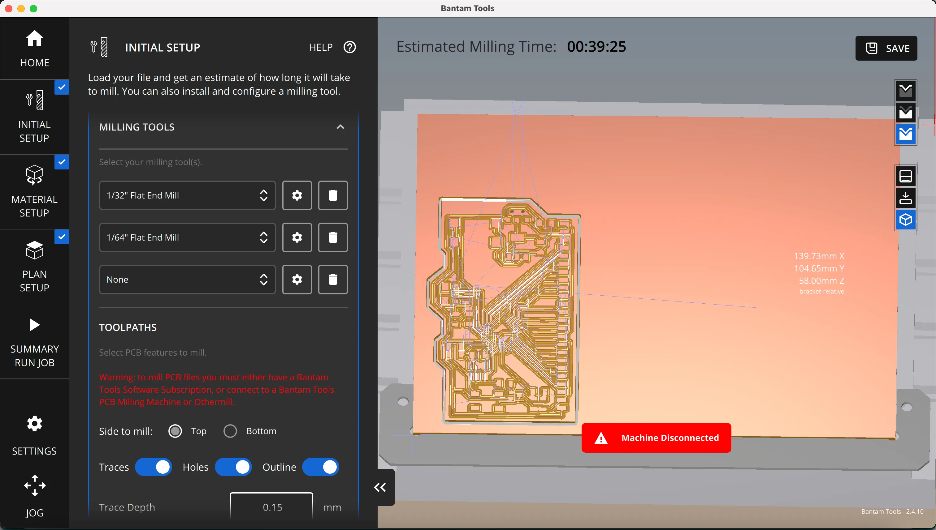 Othermill job time using a 1/64 endmill
