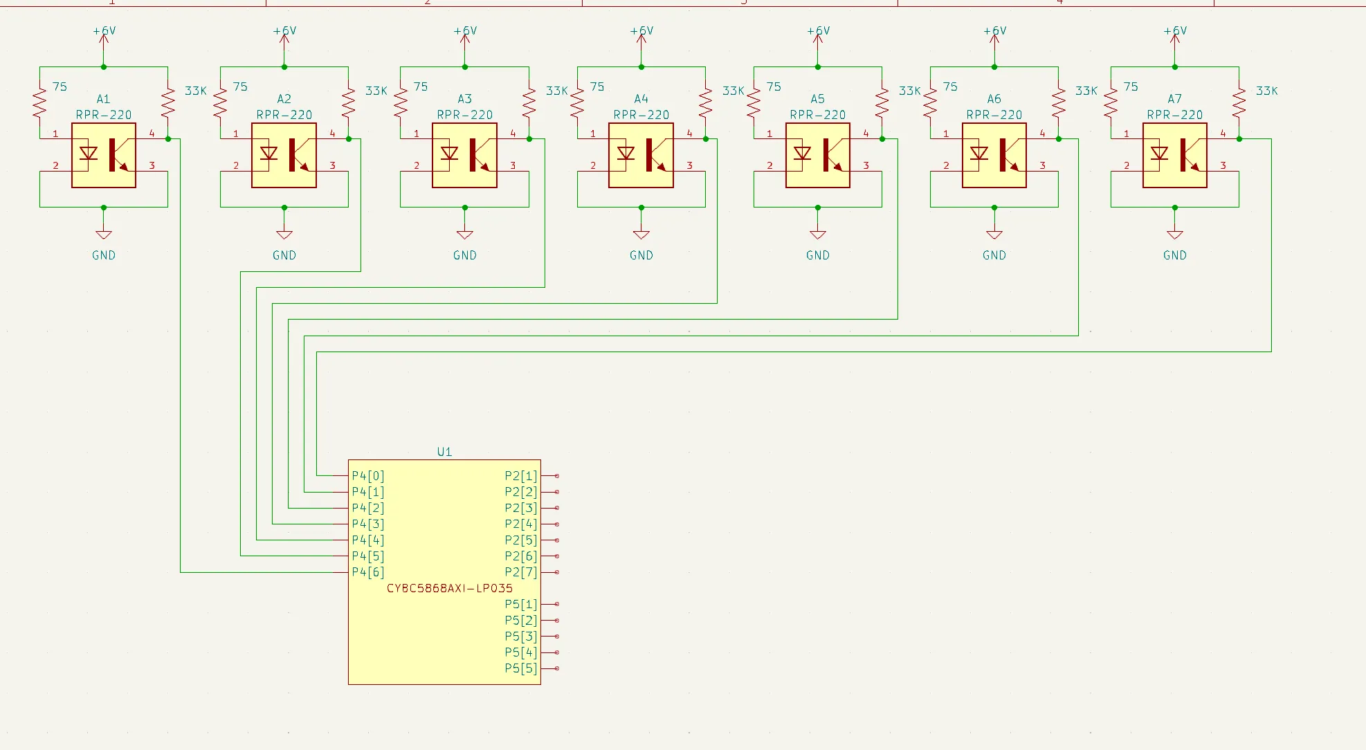 Schematic of photointerrupters and PSoC 5LP